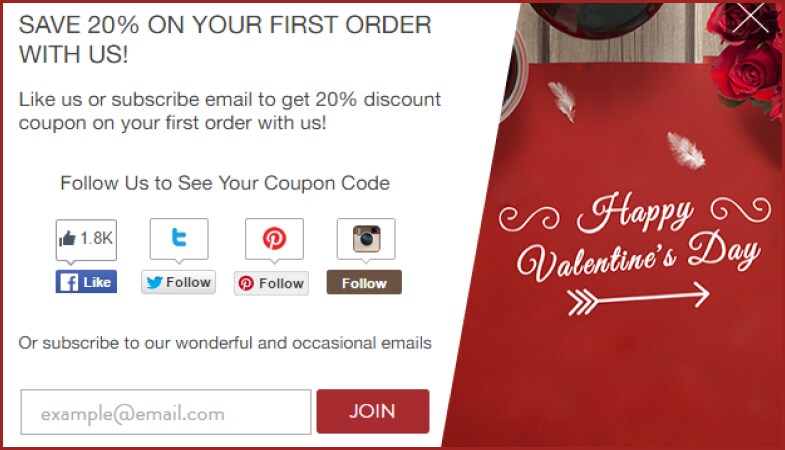 Example of Valentine's Day popup at the website