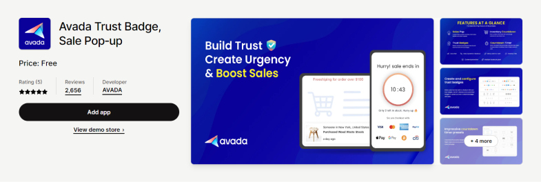 Shopify apps: Avada Trust Badge, Sale Pop‑up
