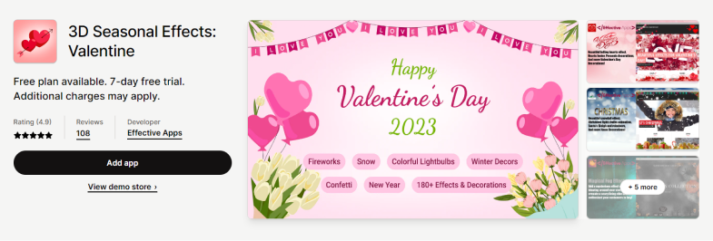 Shopify apps: 3D Seasonal Effects: Valentine
