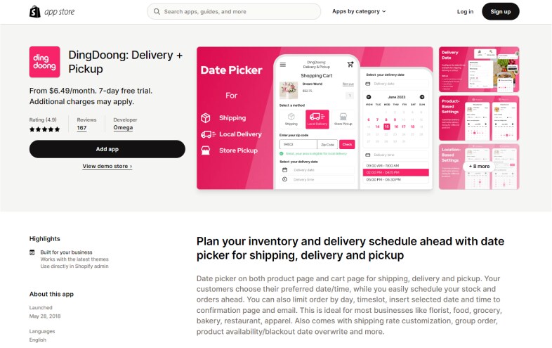 DingDoong: Delivery + Pickup app available on Shopify stores helps merchants to set up delivery date picker for different products
