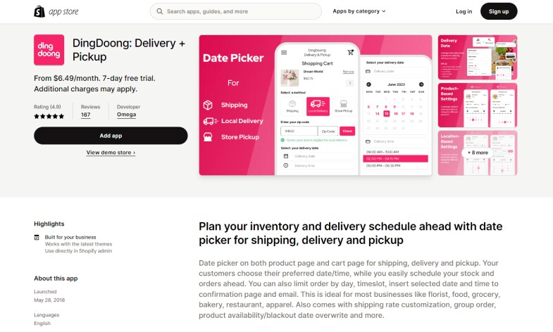 DingDoong: Delivery + Pickup app available on Shopify stores helps merchants to set up delivery date picker for different zip codes
