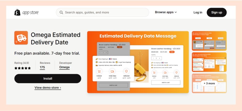 The app for Shopify: Omega Estimated Delivery Date that provides an estimated delivery date, communicate with customers about when they can expect their package