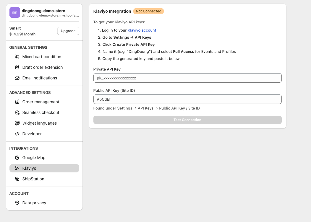 Open the Klaviyo integration settings